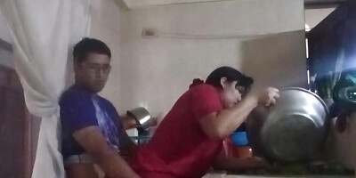 Fucking in the kitchen hidden from my wife, I fuck the cook