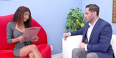 Busty, ebony brunette, September Reign has hooked up with a white guy, just to ride his dick