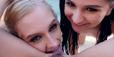 Three crazy lesbians are having hot session by the pool