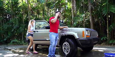 Filthy blonde fucks a car wash man and gets facialized