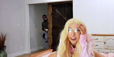 Tiny blonde cums several times thanks to her black roommate