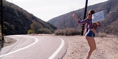 A brunette is getting a dick in her mouth in the desert in a car