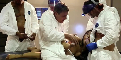 Eight scientists bang naked Asian MILF in all her welcoming holes