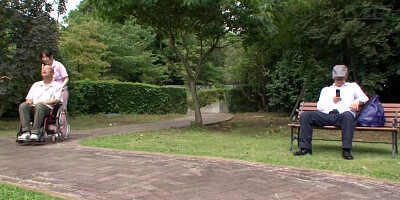 Subtitled weird Chinese half nude caregiver outdoors