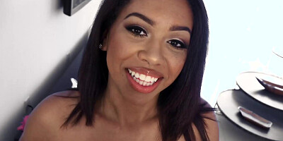 Thick ebony babe Katt Garcia titfucks & rides bf's cock for shopping cash