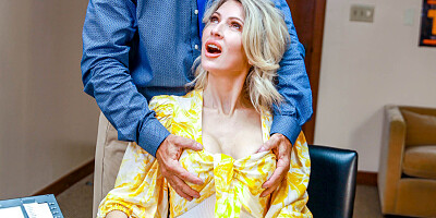 Fake titty housewife bends over for dick