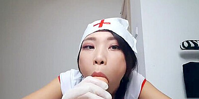 ASIAN NURSE GIVES DILDO HANDJOB WITH SURGICAL MASK AND GLOVES