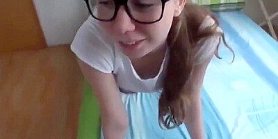 Petite Amateur teen 18+ In Glasses Likes Anal Sex and Blowjob