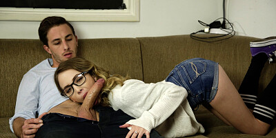Young minx with glasses enjoys sucking and riding Lucas’s cock