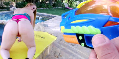 Large blonde with a sexy ass is getting ridden by the pool