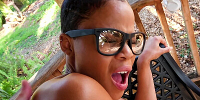 Naughty black female sucks and gets vaginal punishment outdoors