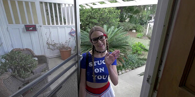 Extravagant nerdy girl with glasses swallows thick cock