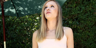 A small breasted blonde is opening her tight little vagina