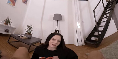 Brunette babe in a fishnet outfit riding a big pecker in a closeup