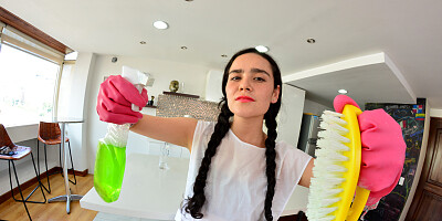 Naughty housemaid sits on boss's hard cock and rides it nicely