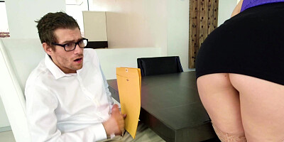 A brunette with large tits is riding a hard cock like a pro in the office