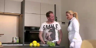 Platinum-Blonde stewardess with giant baps enjoys to deep-throat and rail meatpipe, before going to work