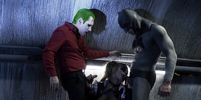 Superhero Kleio Valentien sandwiched between Joker and Batman