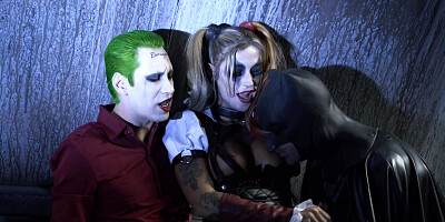 Superhero Kleio Valentien sandwiched between Joker and Batman