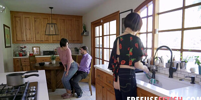 Jessica Ryan and Angeline Crimson are taking turns deep-throating a rock rock hard trunk, during the day