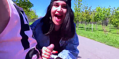 First-Timer black-haired is permanently providing oral jobs to random strangers in public places, during the day