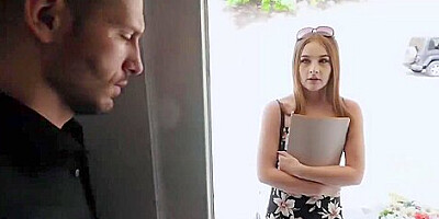 Danni Rivers is kneeling in front of her new lover and giving him a deep blowjob