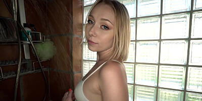 Athena May sucks thick throbbing cock in the bathroom