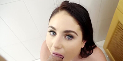 Sweet brunette is sucking dick and balls and then she rides it