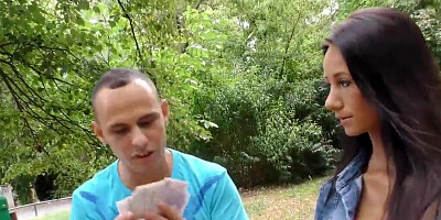 Slim brunette banged outdoors in front of her man