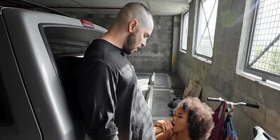 Hot Ebony pussy gets banged by a hunky white guy outdoors