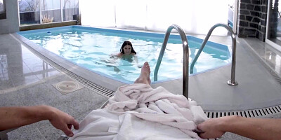 Excited chick climbs out of the pool to enjoy sex with cameraman