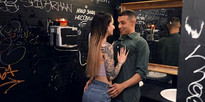 Waitress joins the horny couple for threesome in the restroom