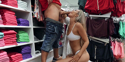 Blonde Addie Andrews gives a blowjob and has sex in a clothing store