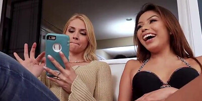 Sarah Vandella and 2 of her BFFs are sharing a rock rigid manstick during a casual 4 way