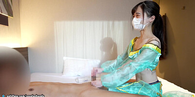 Chinese dame clad as Arabian gives a man a foot wank