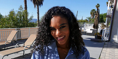 Curly-haired ebony sucks and rides white prick in POV