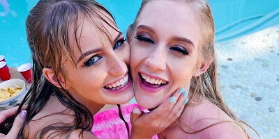 Three lovely girls have spontaneous threesome by the pool