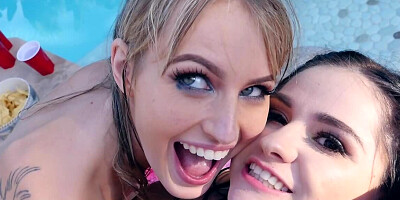 Three lovely girls have spontaneous threesome by the pool