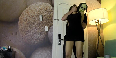 Big-Titted lady got roped up taut, because a hooded stranger wished to have fun with her titties