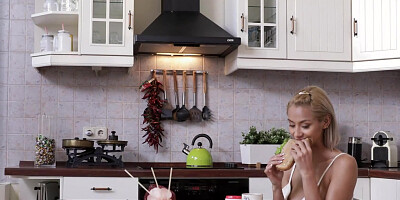 Aislin and her friend Veronica Leal try sex toy in the kitchen