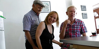 Mature amateur threesome with blonde in little black dress