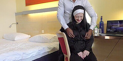 Horny nun, Anie Darling is having wild sex with a black man, in his hotel room