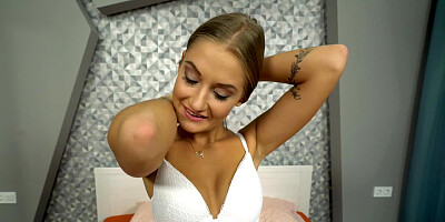 Long-haired girl takes white lingerie off and has amazing sex