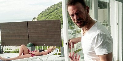 Easygoing blonde slut Lucia fucks on the balcony