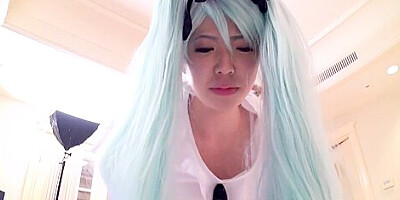 Japanese cosplay babe riding black cock