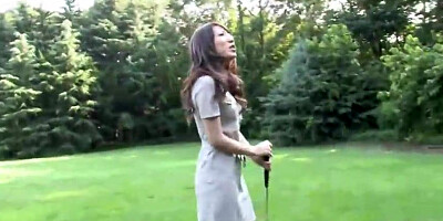 Chinese dark-haired is about to deepthroat a rock rock-hard manmeat during a golf sesh and liking it