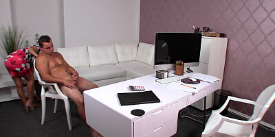Blonde agent offers her wet pussy