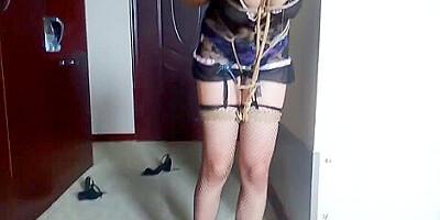 Chinese bondage black tights and mouth gag
