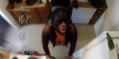 Ebony cougar, Ms. Dribble is yelling from sheer pleasure while getting nailed from behind, in the kitchen