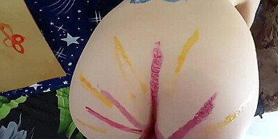 Milf draws on the body of her Step daughter and fucks her strapon. POV